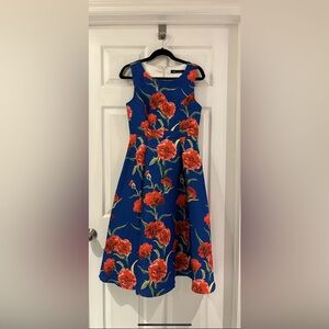 Blue Floral Midi Dress with Red Blooms